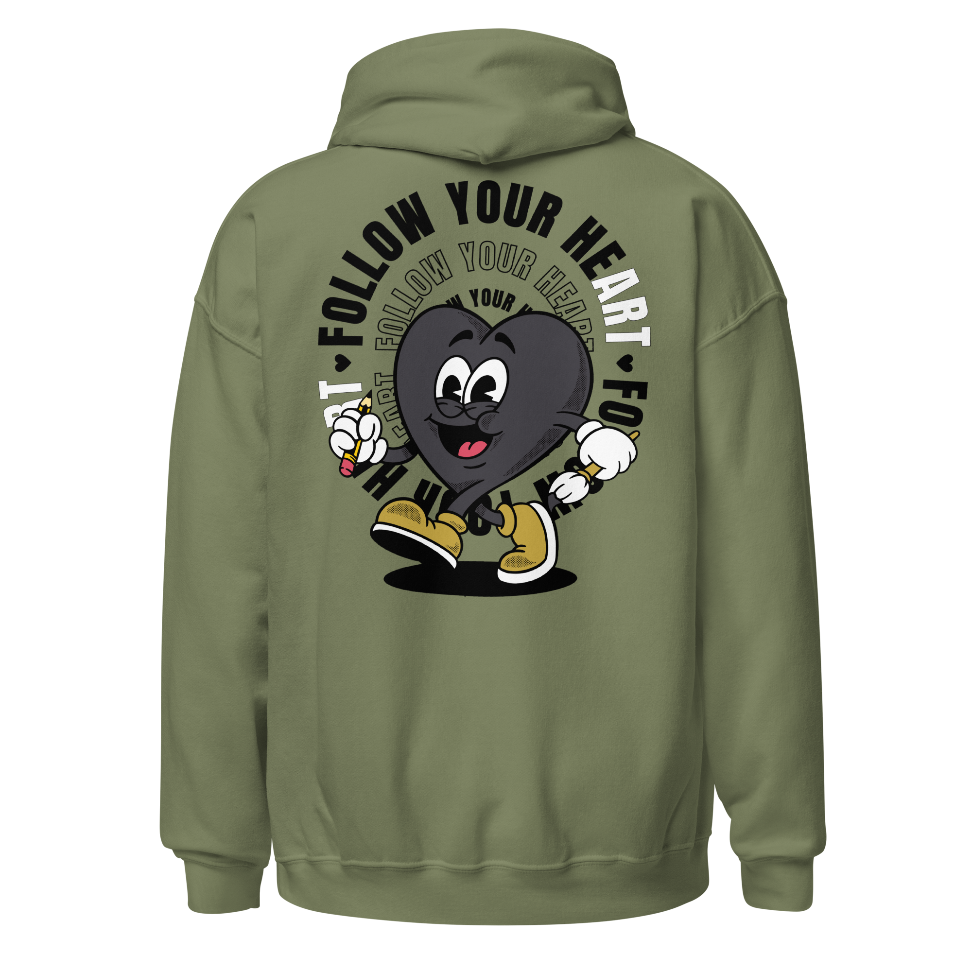 Follow Your Heart Embroidery Hoodie - Black and Military Green (Unisex)