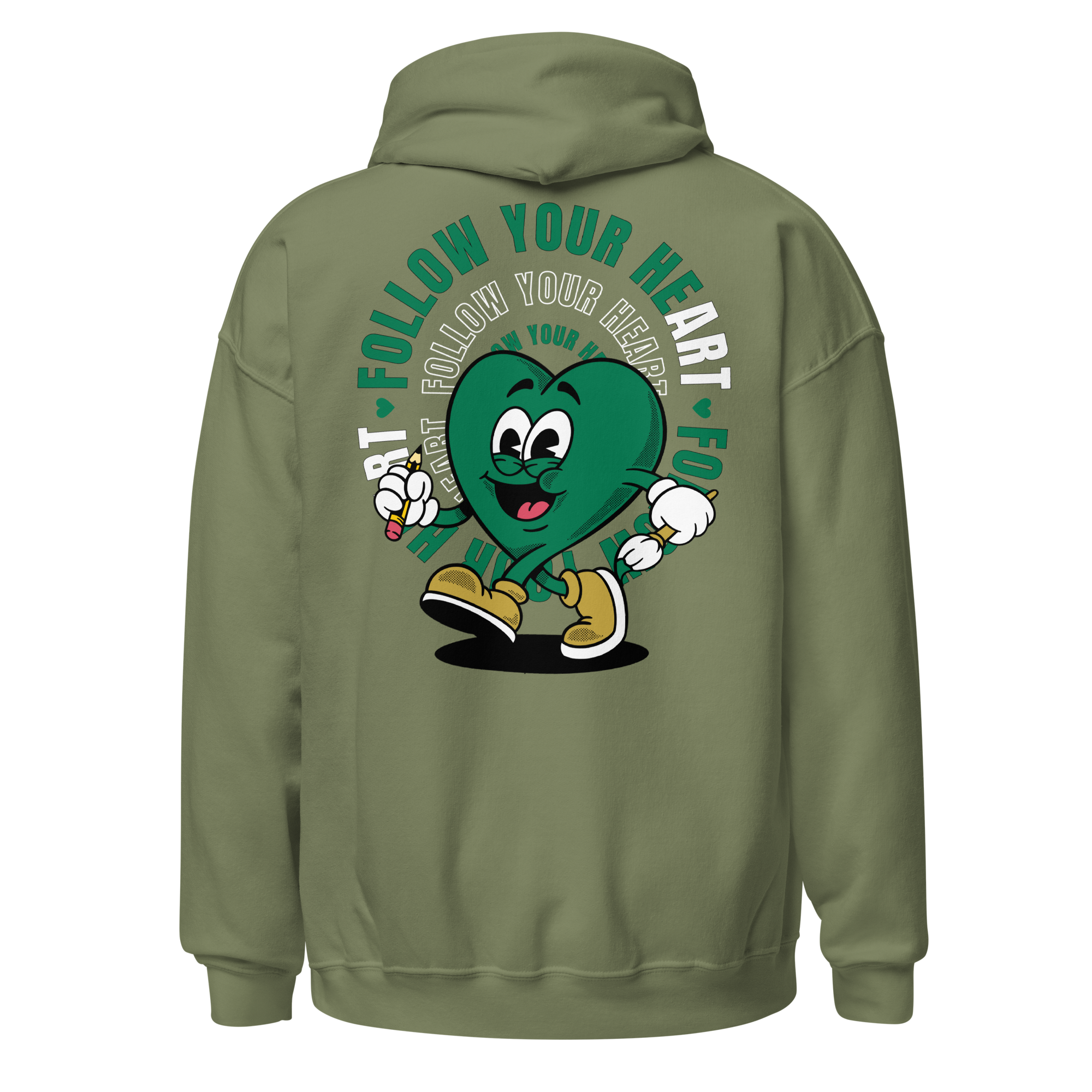 Follow Your Heart Embroidery Hoodie - Green and Military Green (Unisex)