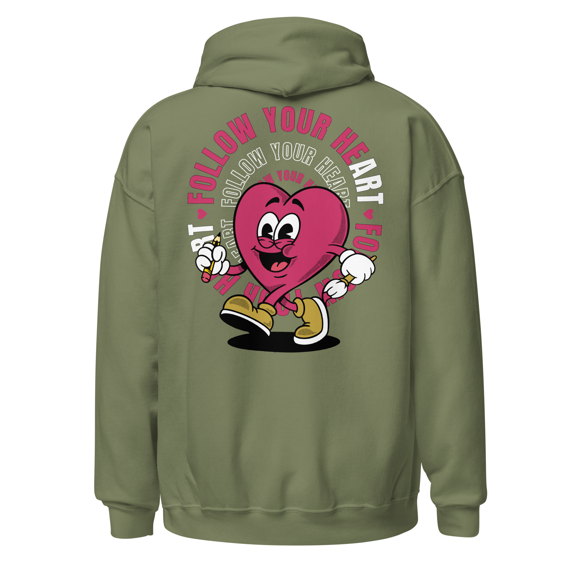 Follow Your Heart Embroidery Hoodie - Pink and Military Green (Unisex)